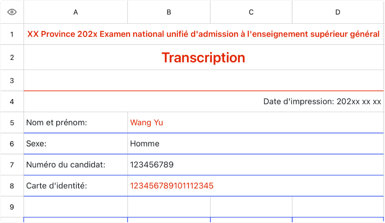 Relevé de notes de l'étudiant 1
